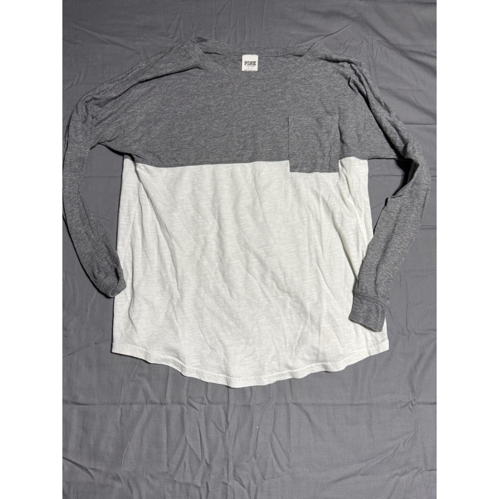PINK Victoria's Secret Long Sleeve Tee Women Small Grey White Good Colorblock